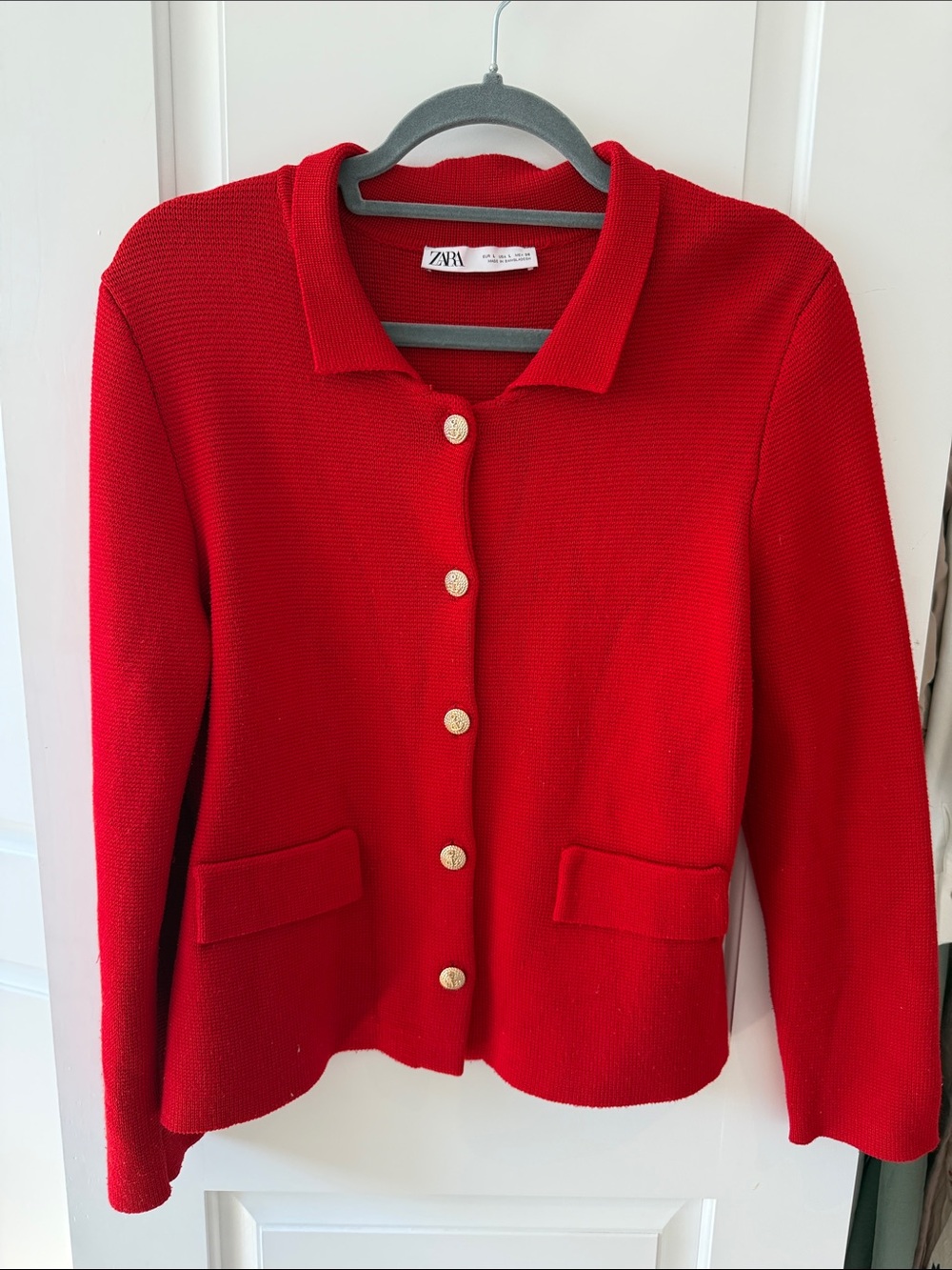 Zara Bright Red Knit Button Jacket with Gold Buttons